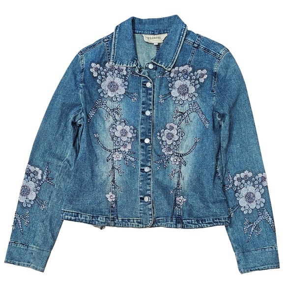 Urbantribe Denim Jacket Women S Blue Beaded Floral Embroidered Boho Y2K Festival - Picture 2 of 8